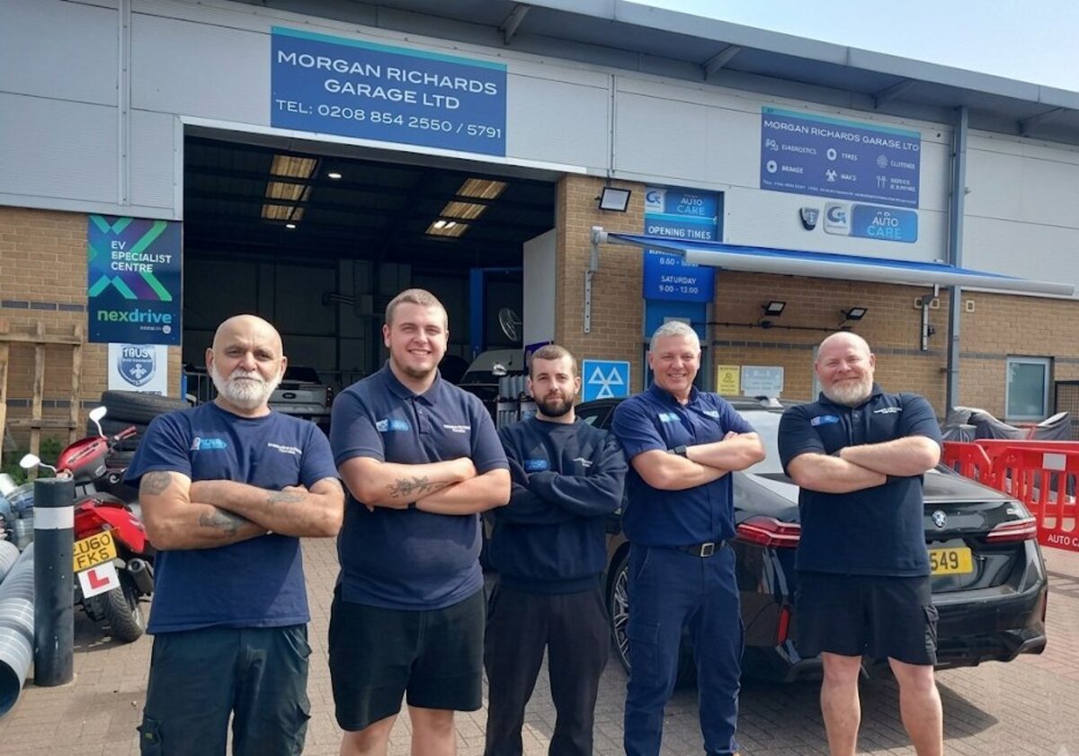 The Morgan Richards team — Richard and the mechanics outside the garage